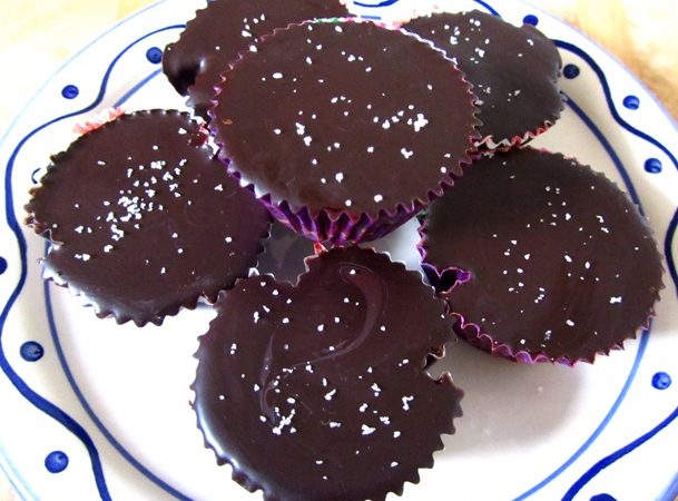 Flash Fiction Kitchen Rum Sunbutter Cups (Paleo, Vegan) on a blue and white plate