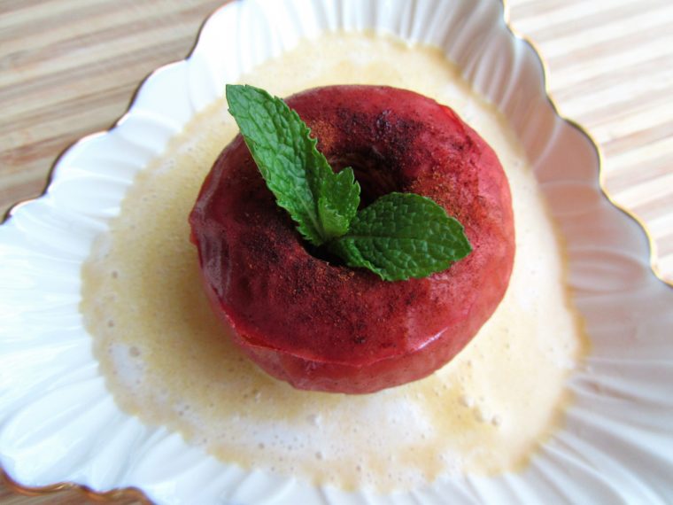 Roast apple with coconut creme anglaise