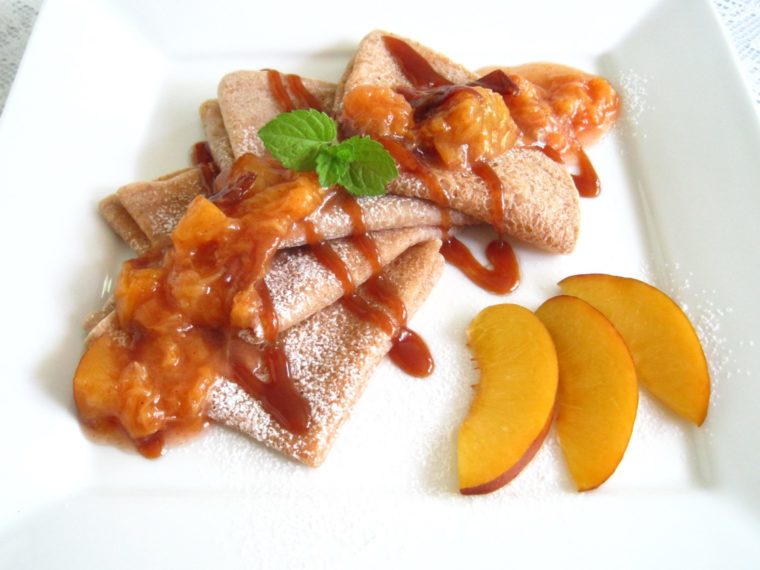 Crepes with caramel & peach sauce (paleo, AIP, vegan) from Flash Fiction Kitchen