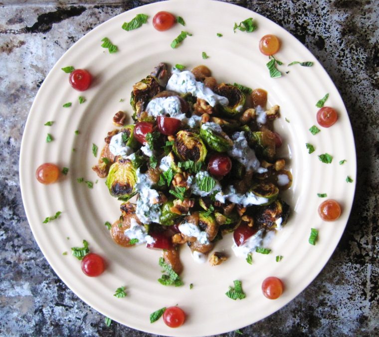 Brussel Sprouts with Grapes, Fig Jam, & Coconut Mint Yogurt (paleo, AIP, vegan)